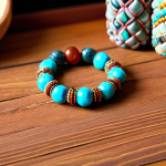 **Handmade Beaded Bracelet Display:** Close-up shot of a beautifully crafted beaded bracelet on a wrist, showcasing the unique design and vibrant colors. The background should be a warmly lit home setting with crafting supplies subtly visible.