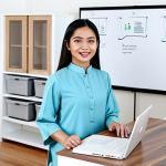 A professional Malaysian online course creator, female, in a modest modern baju kurung, presenting confidently from a bright, contemporary home office. Her workspace features a laptop, a professional microphone, and a whiteboard displaying a simple course outline. The background is clean and inviting, with subtle Malaysian design elements. Soft, professional studio lighting illuminates the scene. fully clothed, appropriate attire, safe for work, perfect anatomy, natural proportions, professional photography, high quality, well-formed hands, proper finger count, natural body proportions, professional, family-friendly.