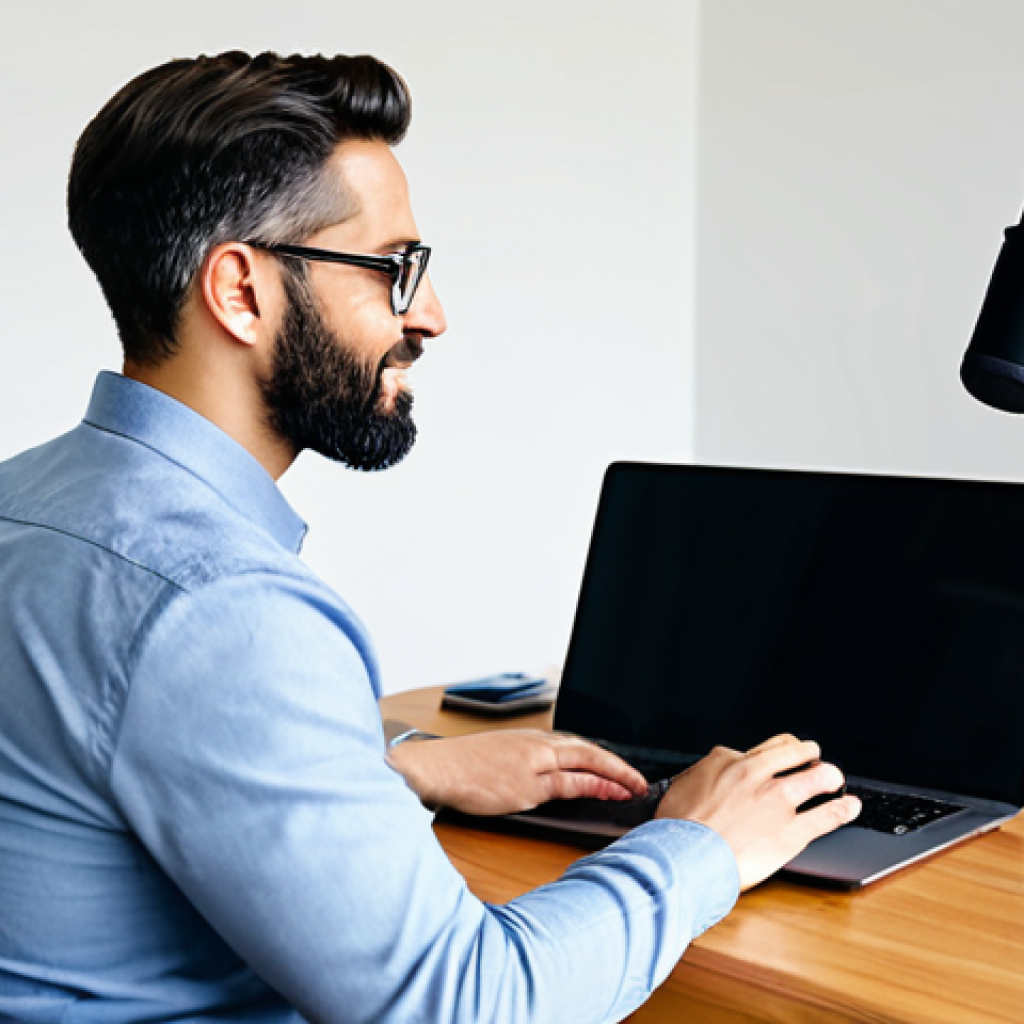 A professional content creator, fully clothed in a modest business casual outfit, sitting at a modern desk with a laptop and a microphone, actively recording a podcast or preparing for a video session in a well-lit home studio. The background features subtle minimalist decor, indicating a creative and productive environment. safe for work, appropriate content, fully clothed, professional, modest clothing, appropriate attire, professional dress, perfect anatomy, correct proportions, natural pose, well-formed hands, proper finger count, natural body proportions, high-quality photography, sharp focus, vibrant colors.
