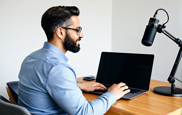 A professional content creator, fully clothed in a modest business casual outfit, sitting at a modern desk with a laptop and a microphone, actively recording a podcast or preparing for a video session in a well-lit home studio. The background features subtle minimalist decor, indicating a creative and productive environment. safe for work, appropriate content, fully clothed, professional, modest clothing, appropriate attire, professional dress, perfect anatomy, correct proportions, natural pose, well-formed hands, proper finger count, natural body proportions, high-quality photography, sharp focus, vibrant colors.