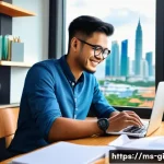 Home 14 자유롭게 수입원 다변화하는 방법 - A vibrant home office scene showcasing a young Malay freelancer working on a laptop, surrounded by d...