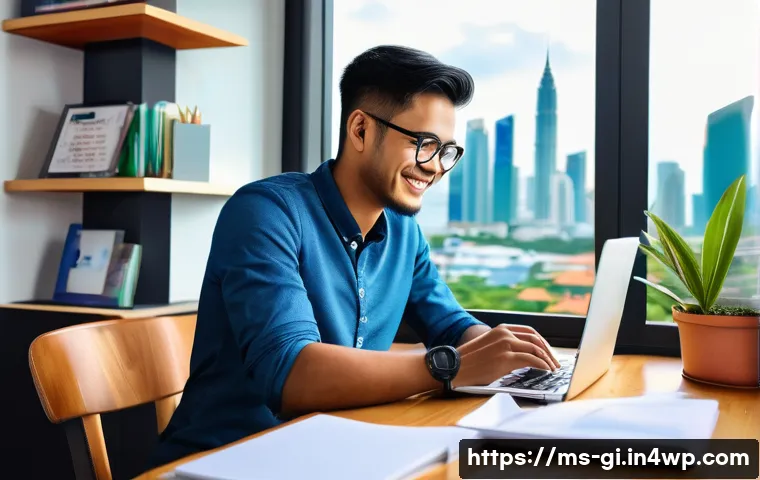 자유롭게 수입원 다변화하는 방법 - A vibrant home office scene showcasing a young Malay freelancer working on a laptop, surrounded by d...