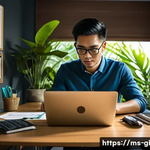 Home 12 소프트웨어 개발로 수익원 다변화하기 - A modern home office scene featuring a Malaysian freelance software developer working intently on a ...