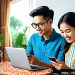 이커머스 트렌드 분석과 활용 - A modern Malaysian e-commerce scene showing diverse young adults shopping online using smartphones a...